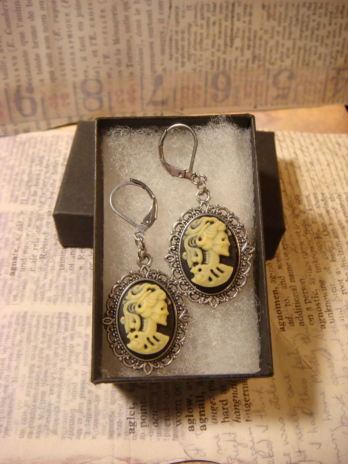 Cameo Skeleton Dangle Earrings in Antique Silver