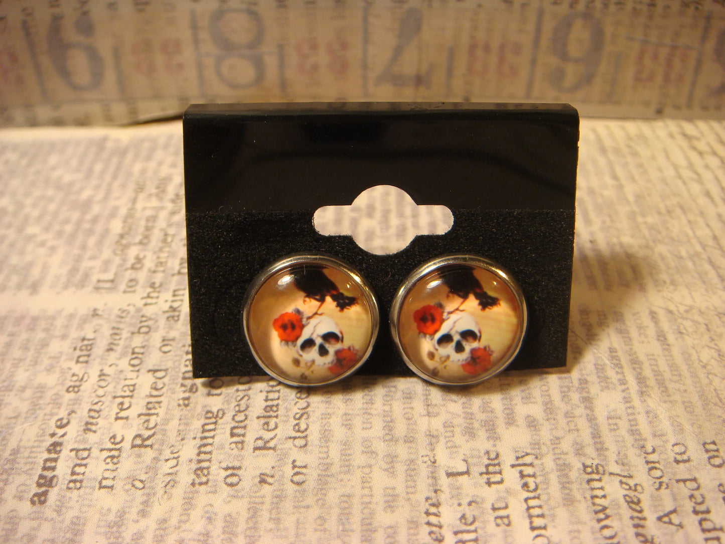 Skull with Crow Image Stainless Steel Stud Earrings