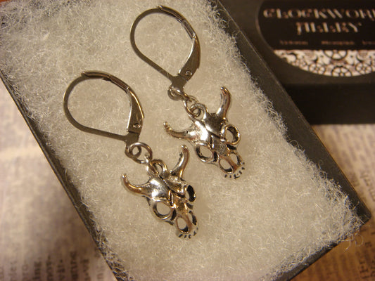 Bull Skull Dangle Earrings in Antique Silver