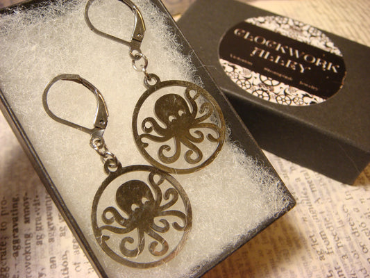 Octopus Dangle Earrings in Antique Silver