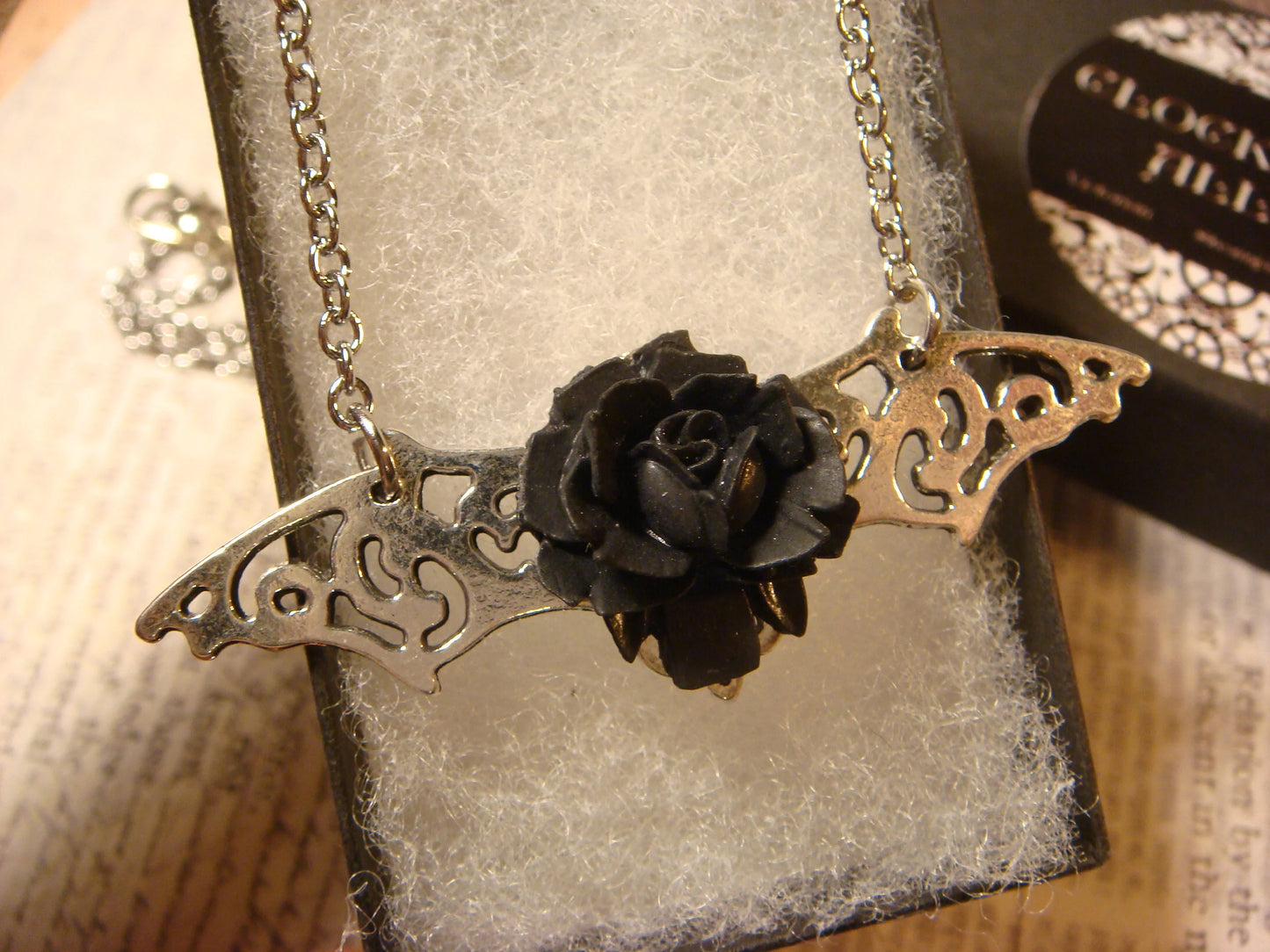 Black Rose on Ornate Wings Necklace