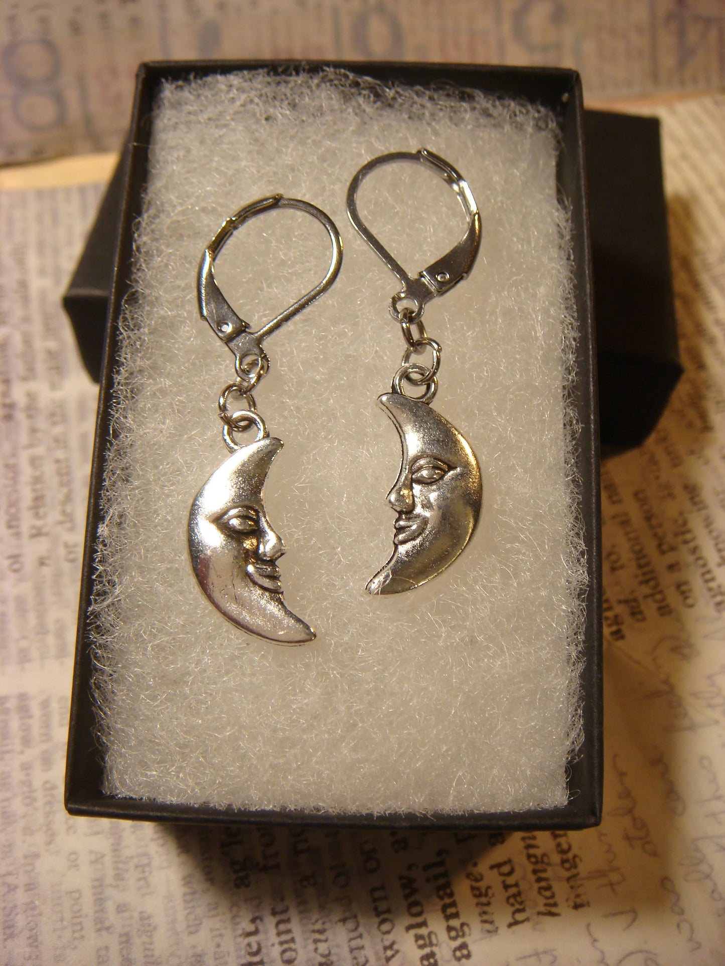 Moon Face Dangle Earrings in Antique Silver