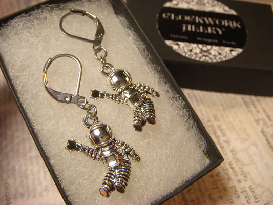 Astronaut Dangle Earrings in Antique Silver