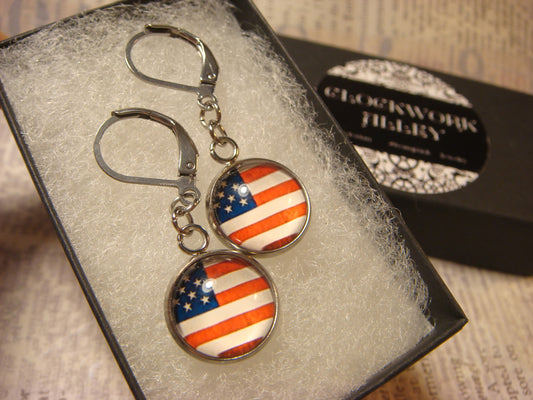 USA Flag Image Stainless Steel Dangle Earrings