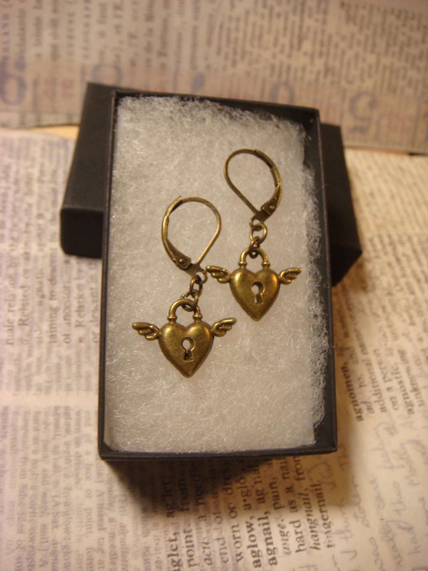 Winged Heart Lock Dangle Earrings in Antique Bronze