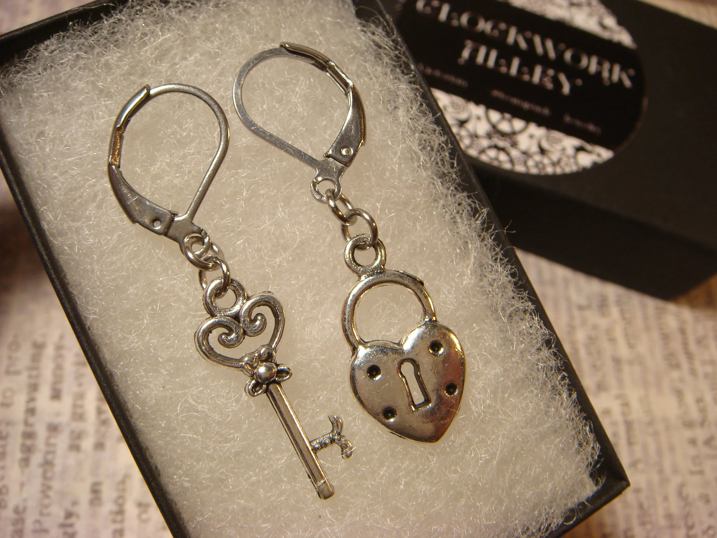 Key and Heart Lock Earrings in Antique Silver