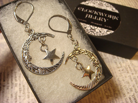 Moon and Star Dangle Earrings in Antique Silver