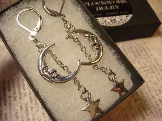 Moon Face Hanging Star Dangle Earrings in Antique Silver