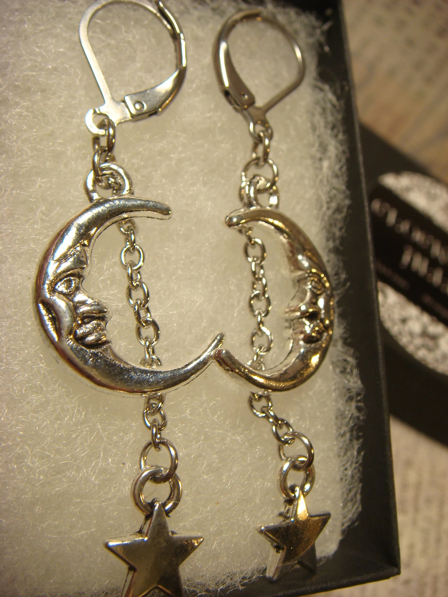 Moon Face Hanging Star Dangle Earrings in Antique Silver