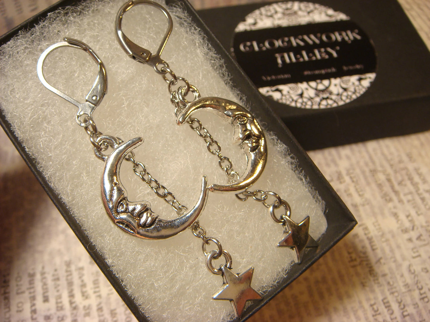 Moon Face Hanging Star Dangle Earrings in Antique Silver