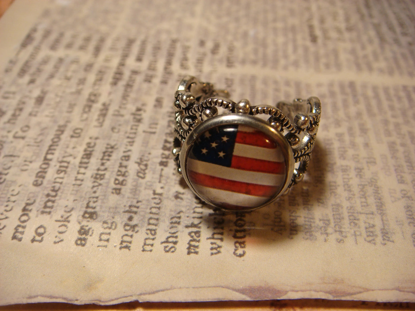 USA Flag Filigree Ring in Antique Silver - Adjustable