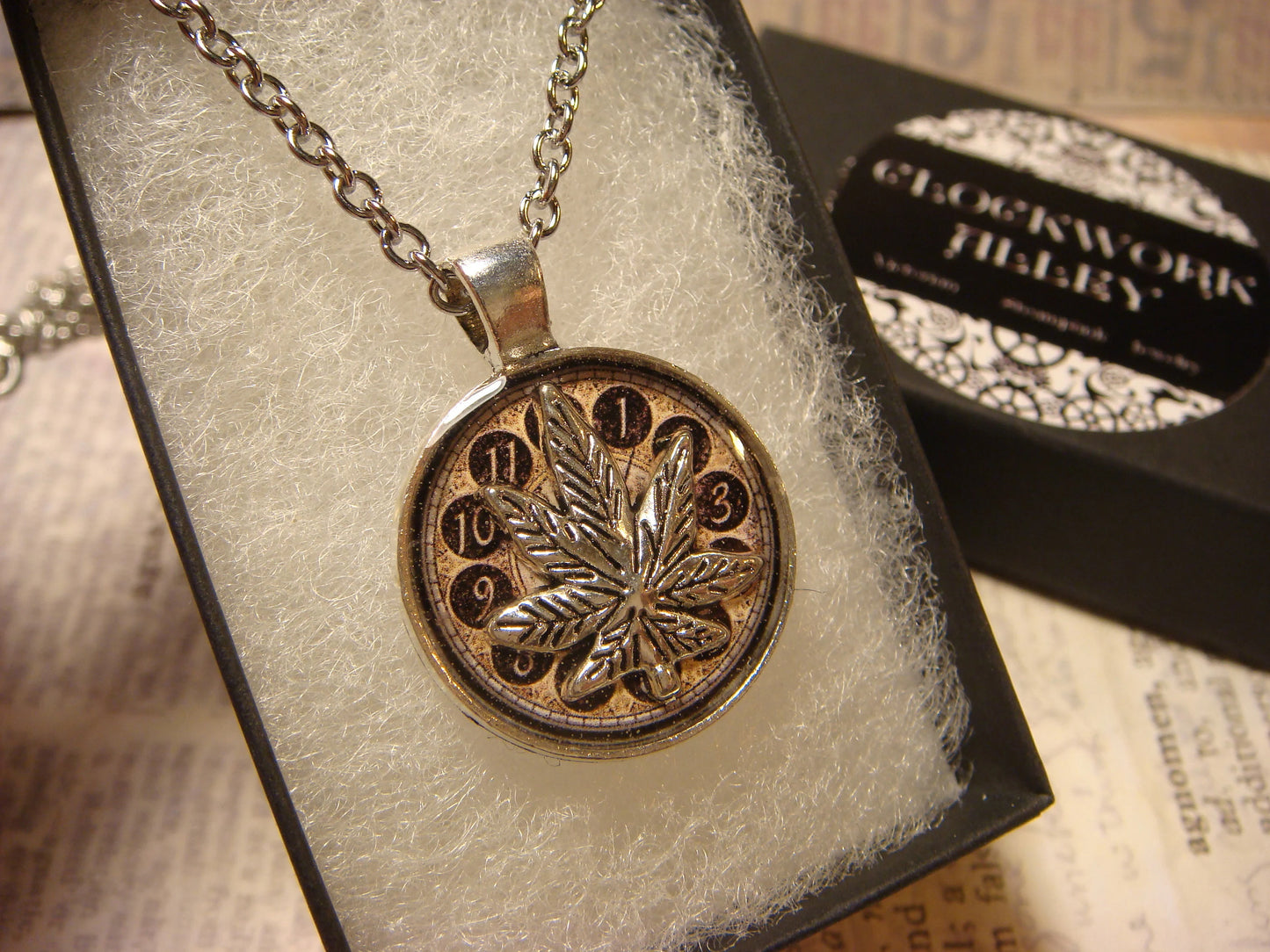 Cannabis Leaf over Clock Small Pendant Necklace