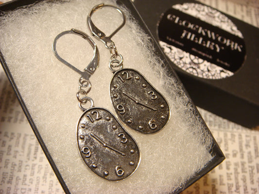 Melting Clock Dangle Earrings in Antique Silver