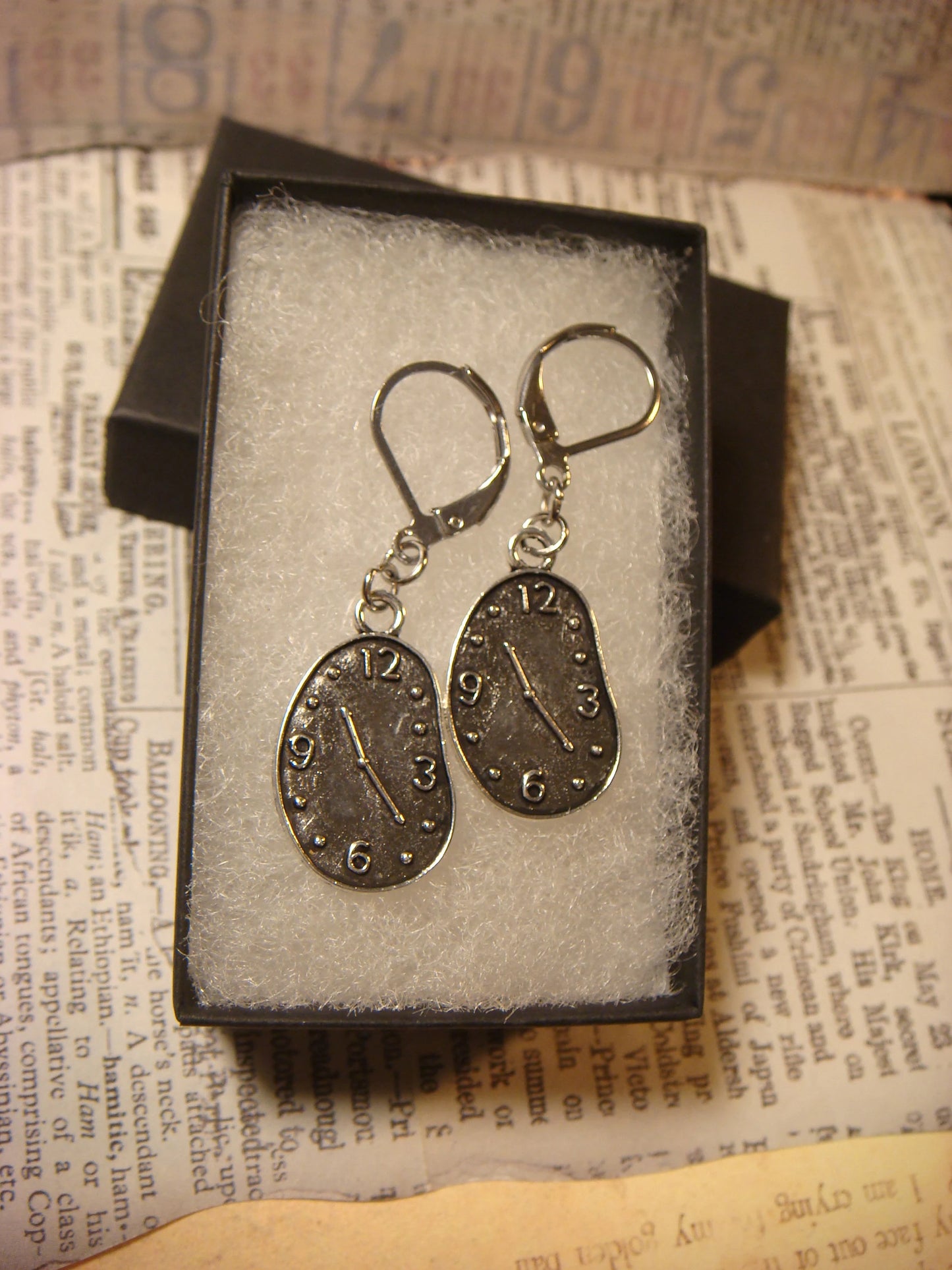 Melting Clock Dangle Earrings in Antique Silver