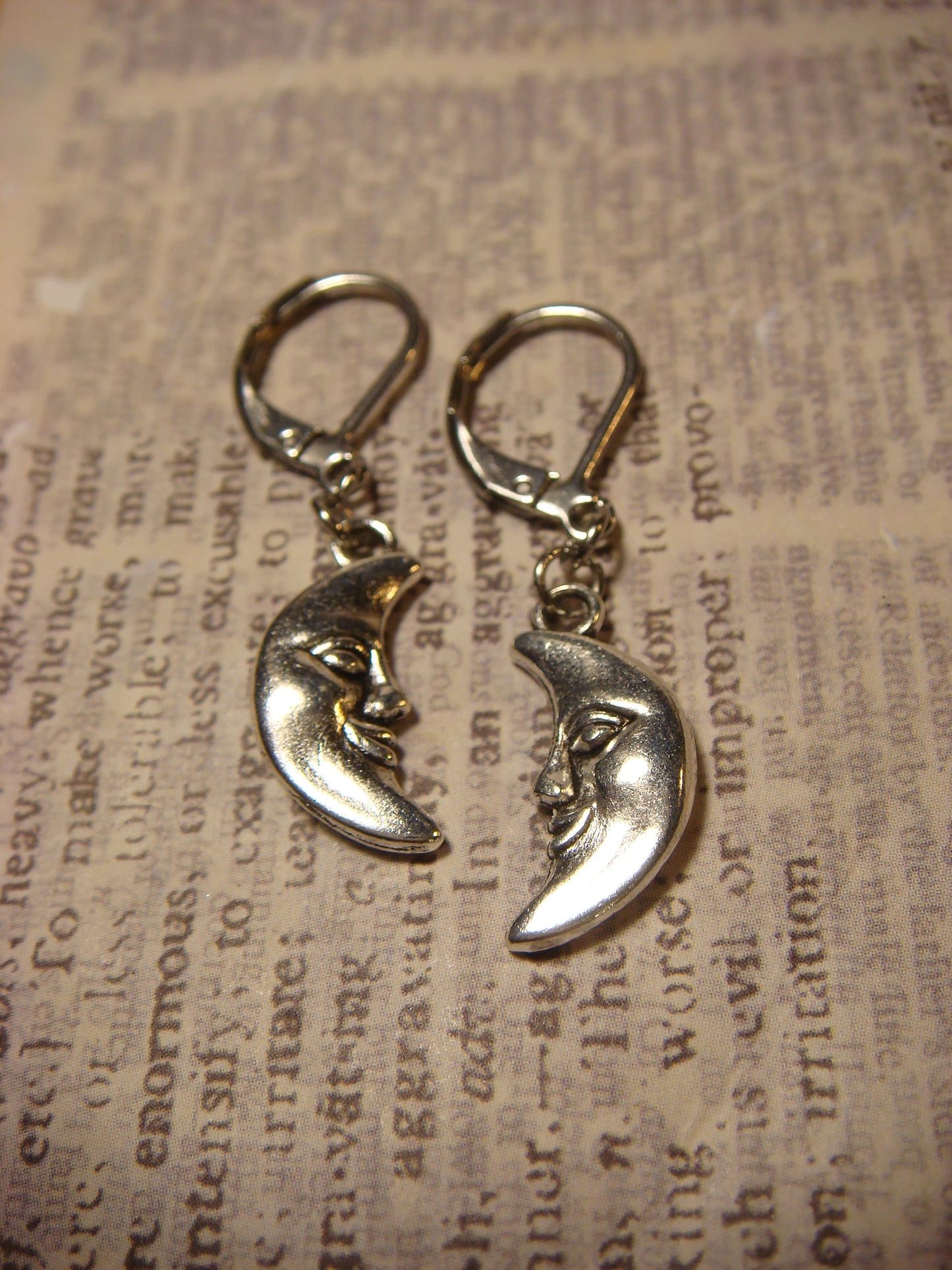 Moon Face Dangle Earrings in Antique Silver