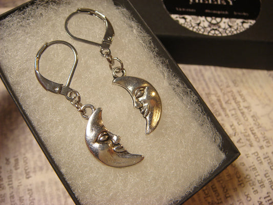 Moon Face Dangle Earrings in Antique Silver