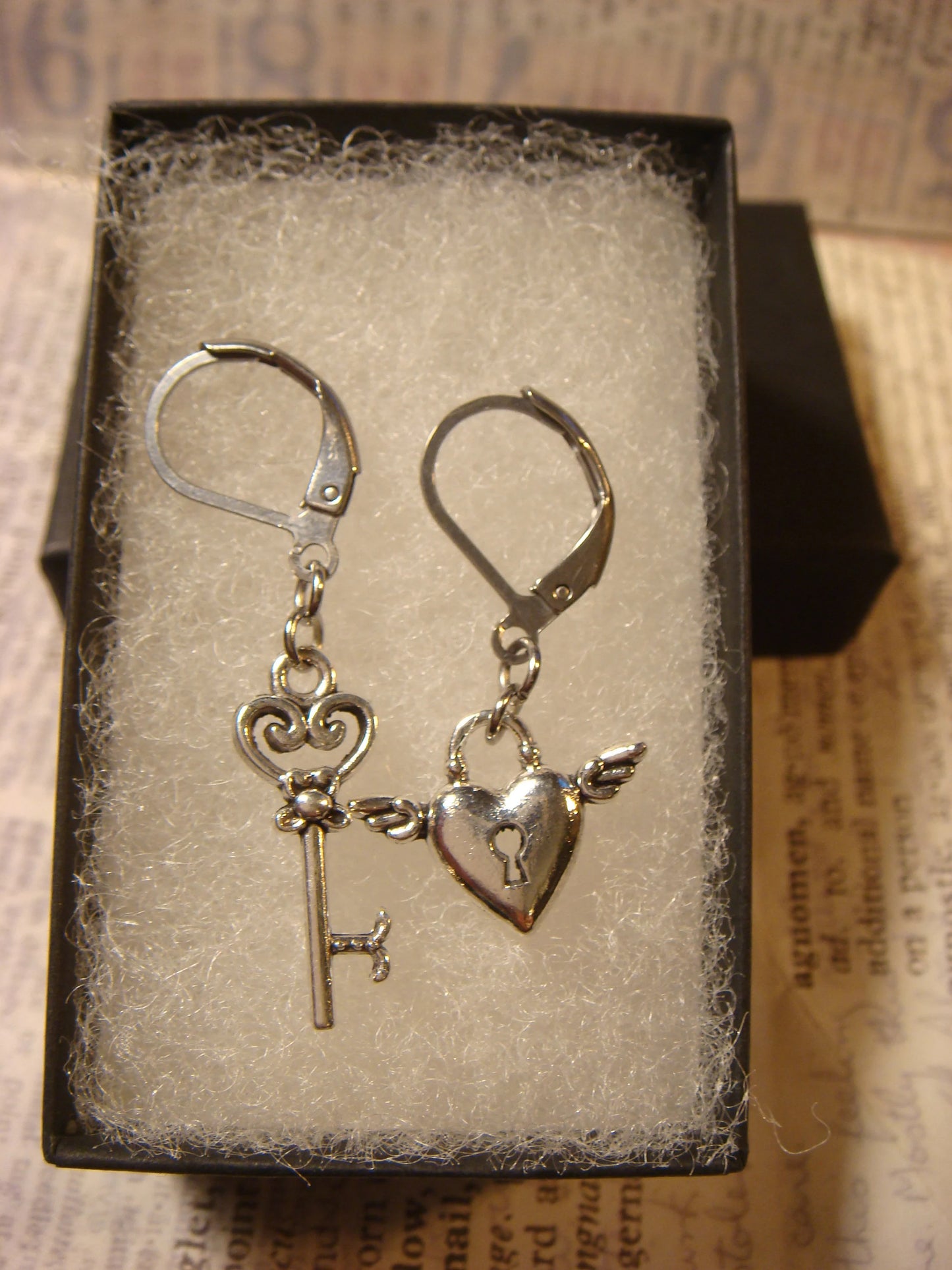 Key and Winged Heart Lock Earrings in Antique Silver
