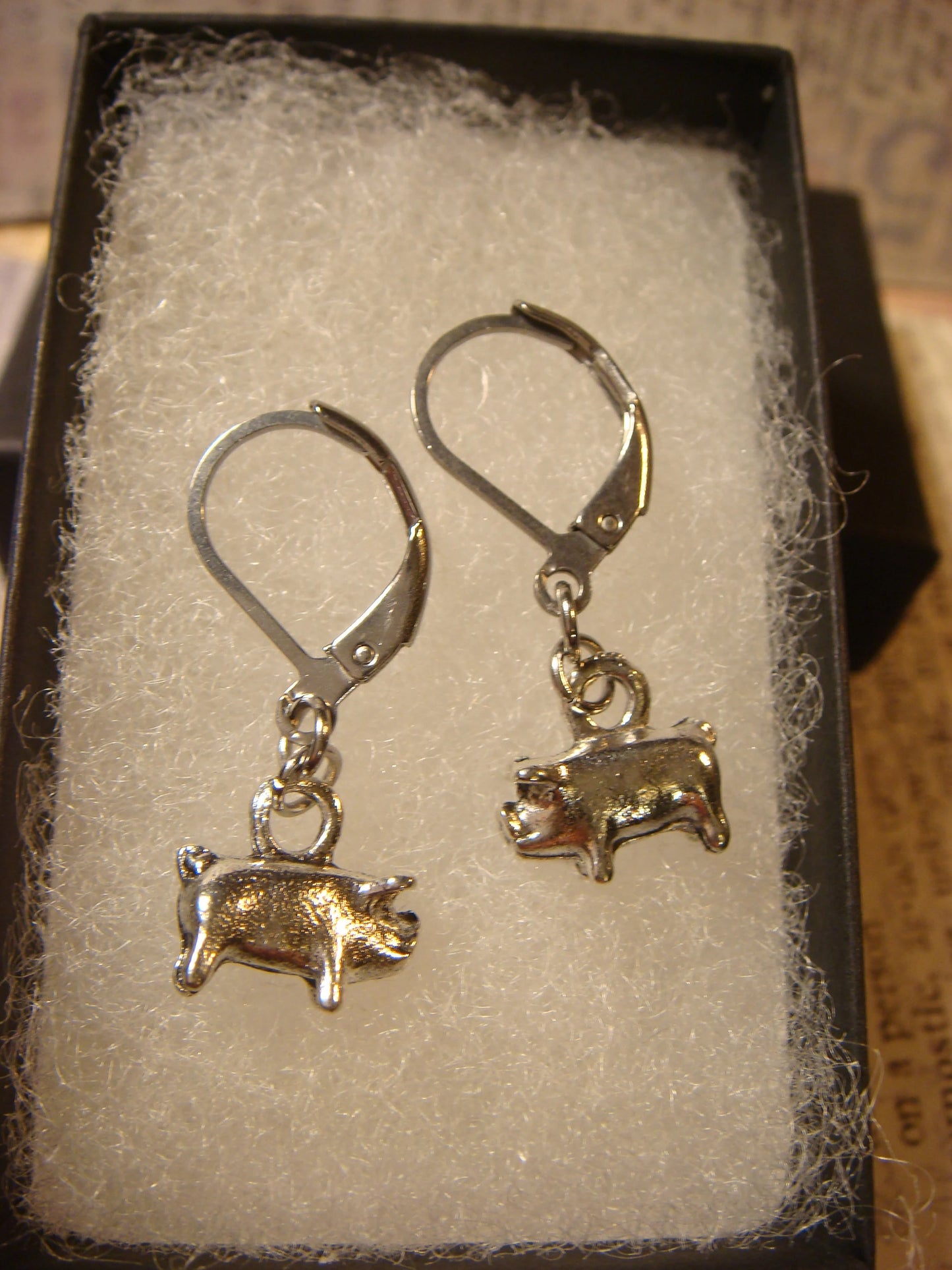 Pig Dangle Earrings in Antique Silver