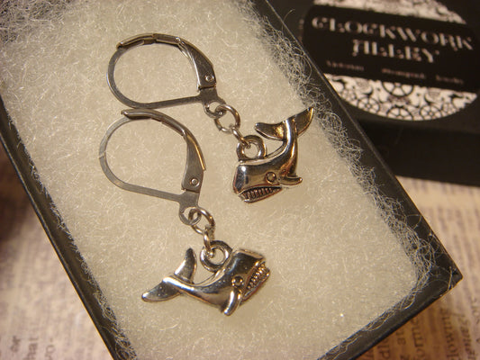 Whale Dangle Earrings in Antique Silver