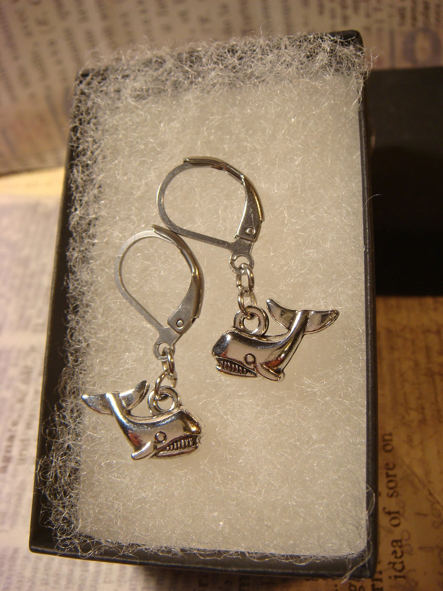 Whale Dangle Earrings in Antique Silver