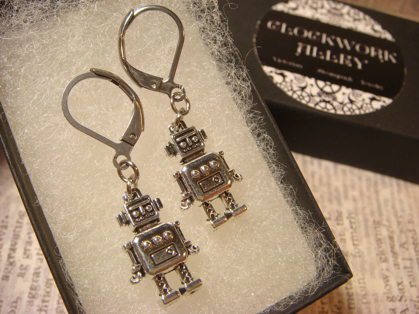 Robot Dangle Earrings in Antique Silver