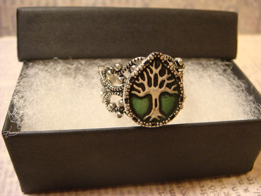 Tree of Life Filigree Ring in Antique Silver and Green - Adjustable