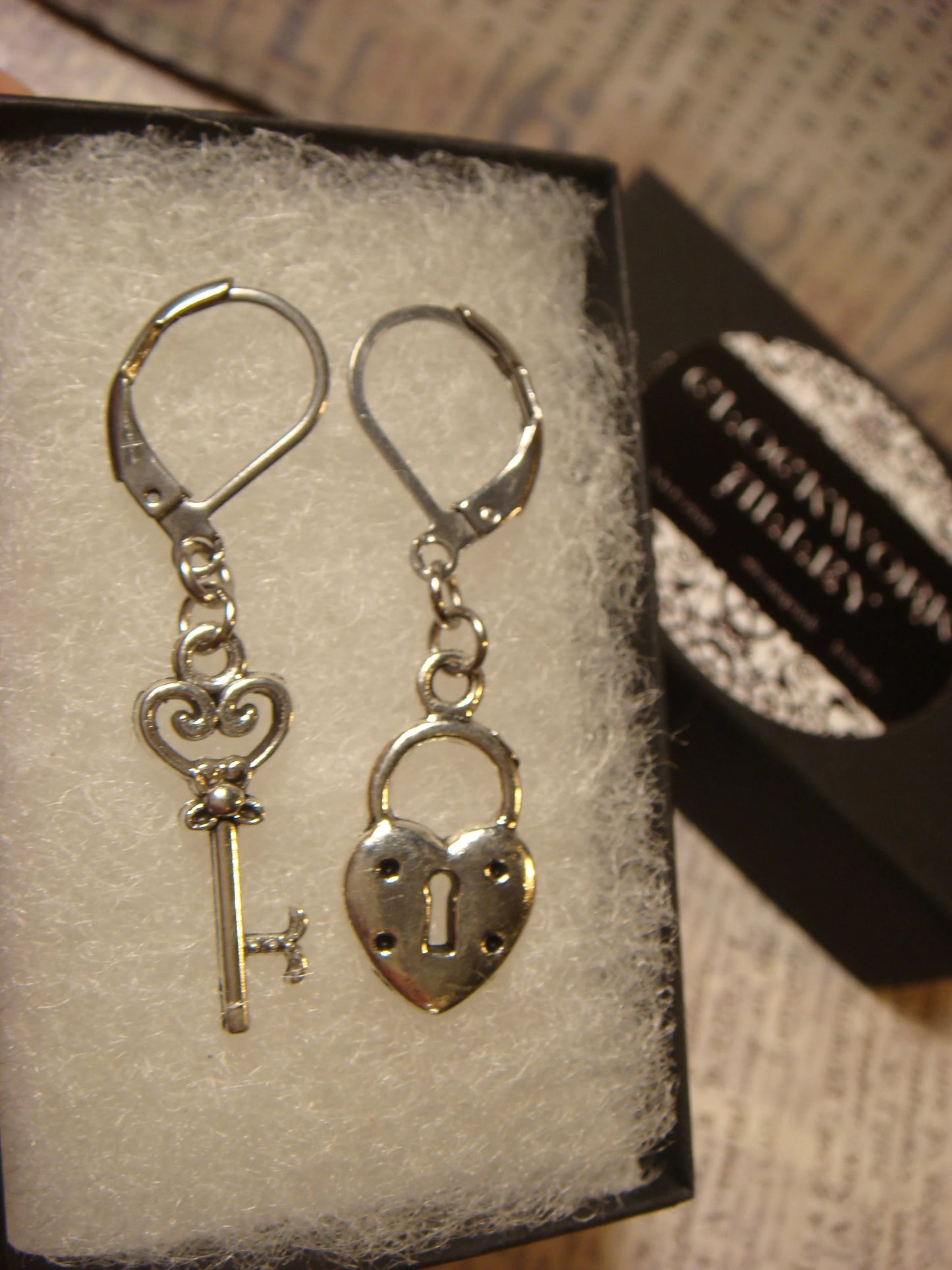 Key and Heart Lock Earrings in Antique Silver