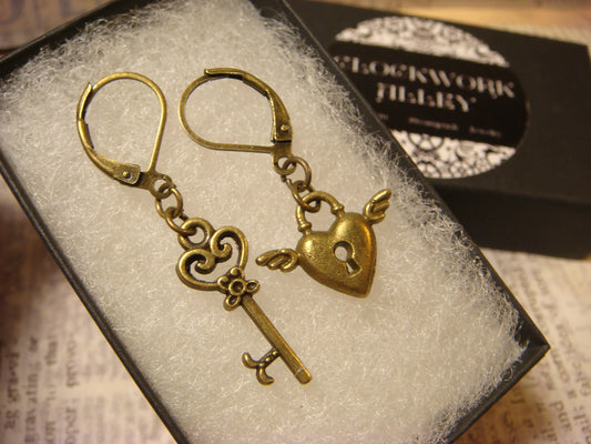 Key and Winged Heart Lock Earrings in Antique Bronze