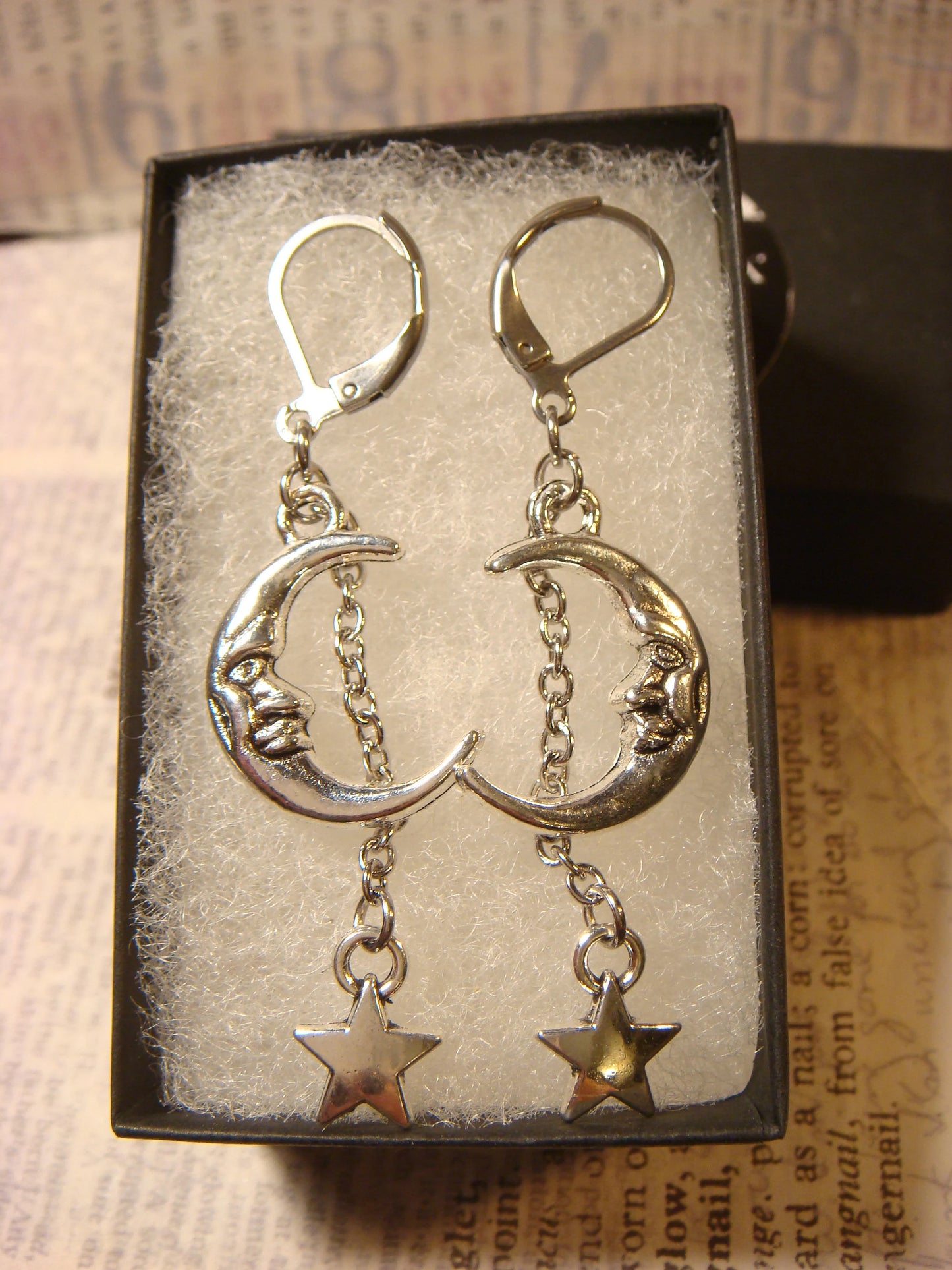 Moon Face Hanging Star Dangle Earrings in Antique Silver