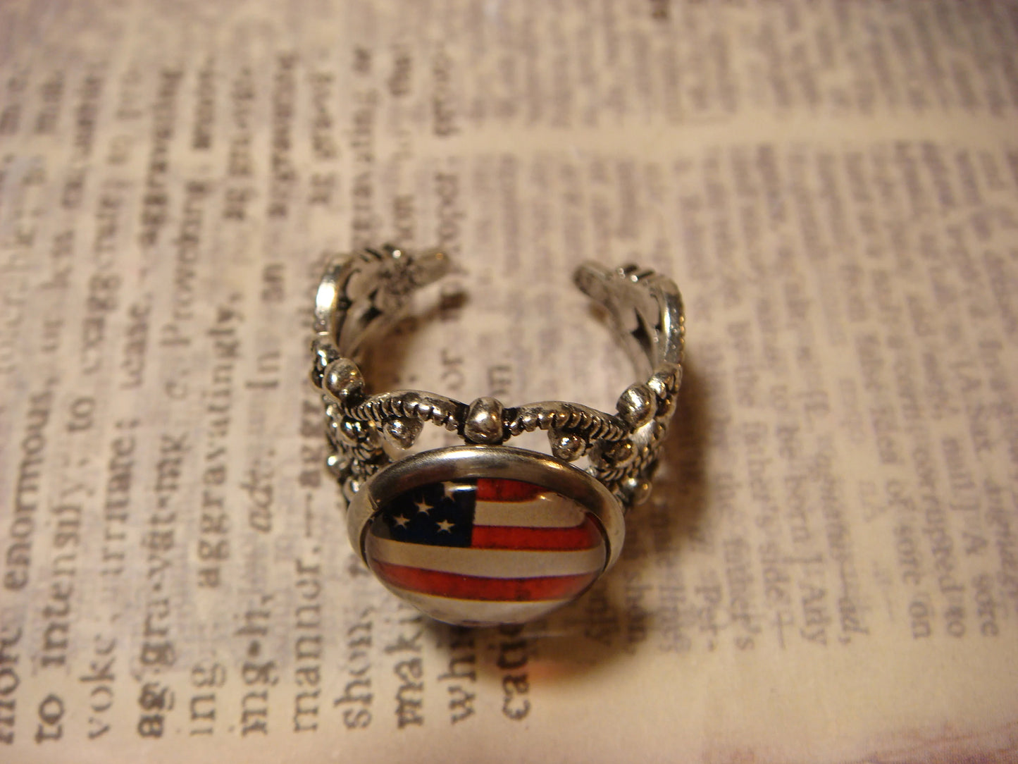 USA Flag Filigree Ring in Antique Silver - Adjustable