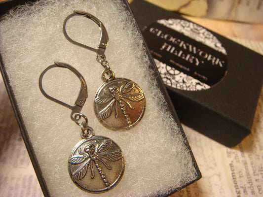 Dragonfly Dangle Earrings in Antique Silver