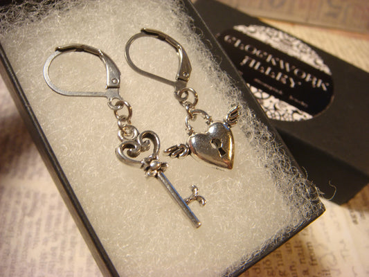 Key and Winged Heart Lock Earrings in Antique Silver