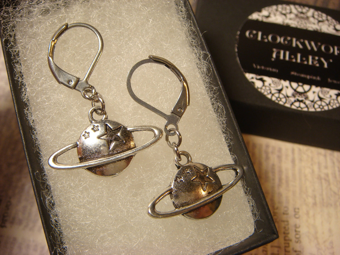 Planet Saturn Dangle Earrings in Antique Silver