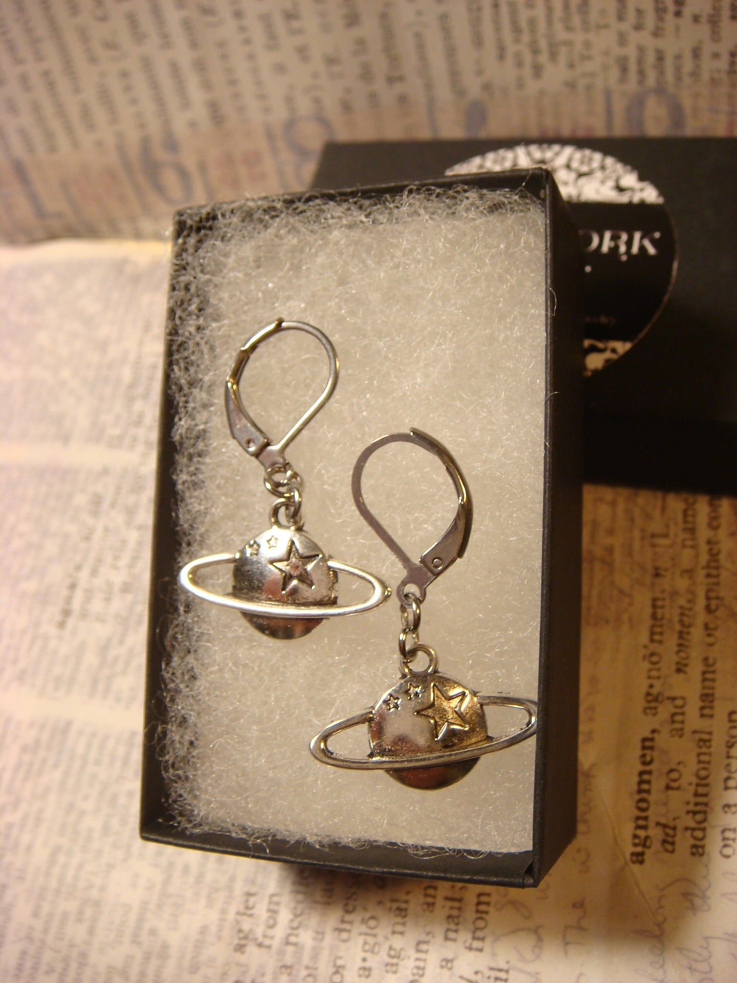 Planet Saturn Dangle Earrings in Antique Silver