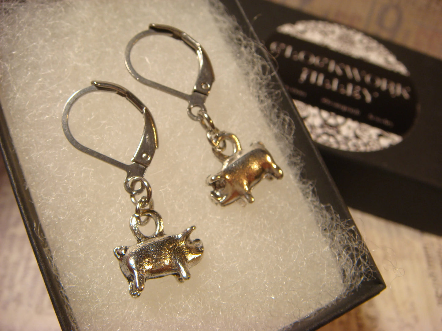 Pig Dangle Earrings in Antique Silver