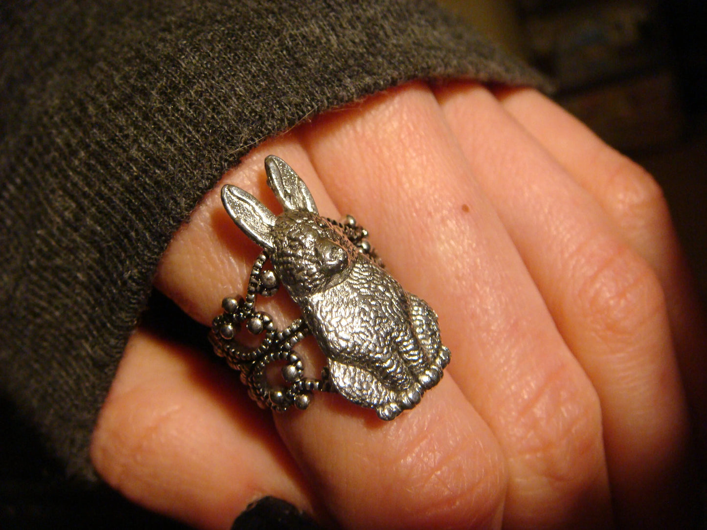 Bunny Rabbit Filigree Ring in Antique Silver - Adjustable