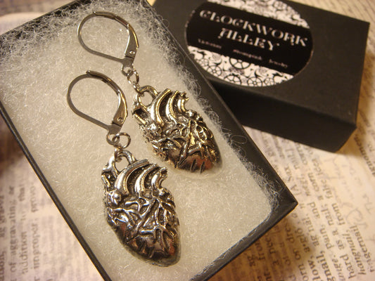 Anatomical Heart Dangle Earrings in Antique Silver