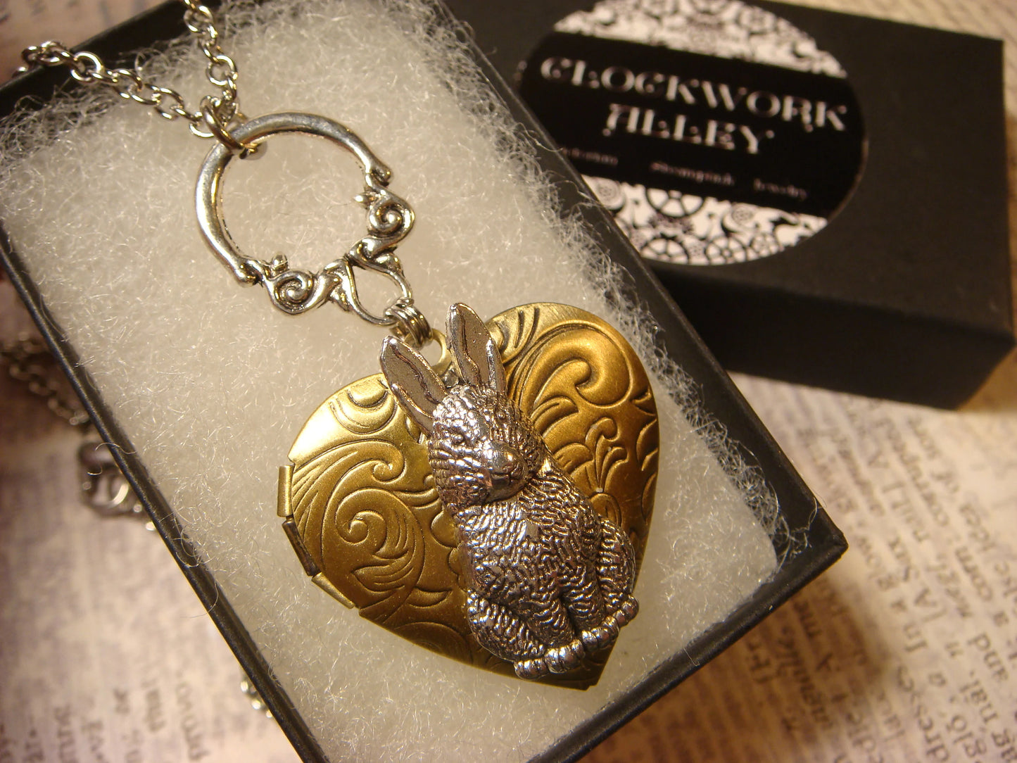 Bunny Rabbit Heart Locket Necklace in Antique Silver and Bronze