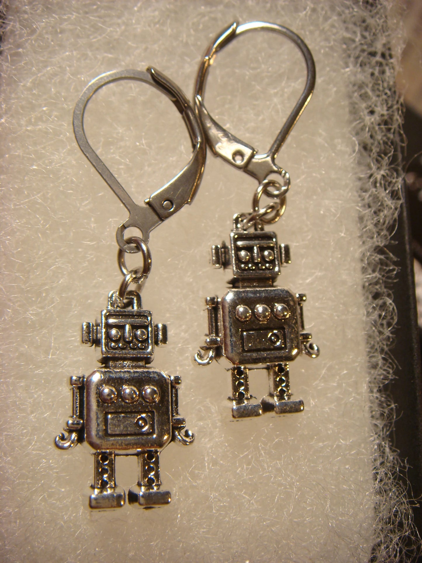 Robot Dangle Earrings in Antique Silver