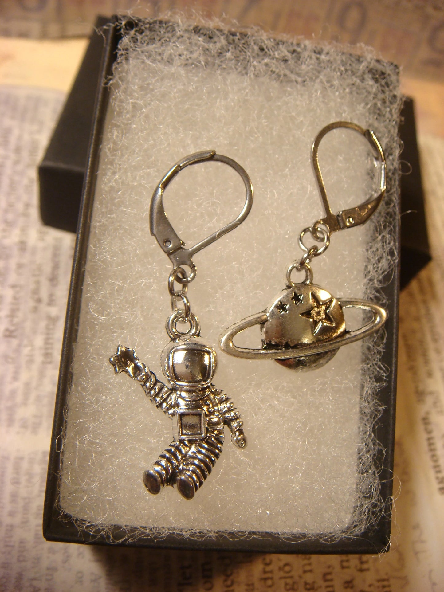 Astronaut and Planet Dangle Earrings in Antique Silver