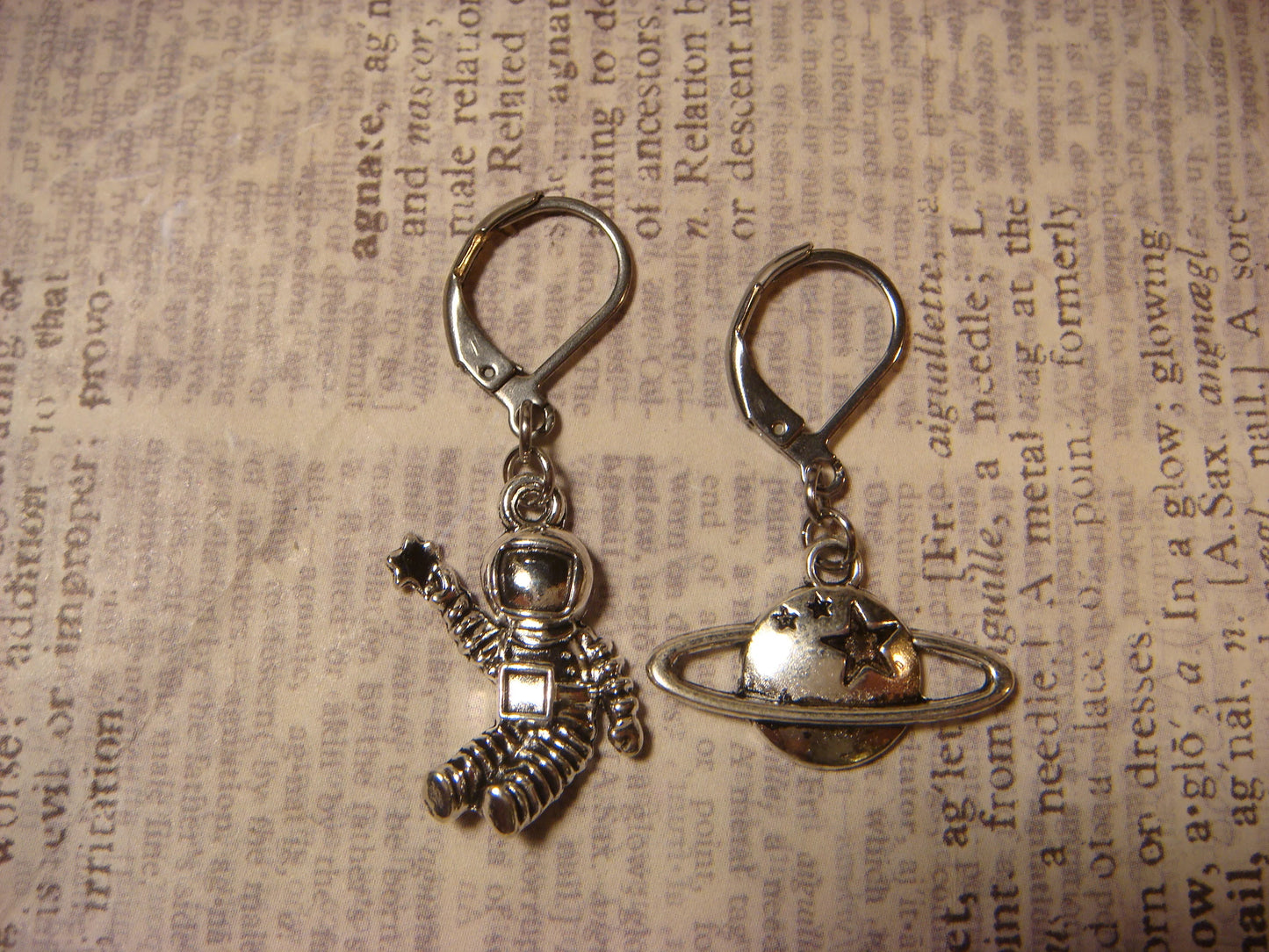 Astronaut and Planet Dangle Earrings in Antique Silver