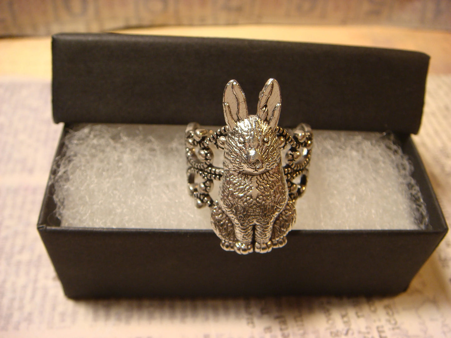 Bunny Rabbit Filigree Ring in Antique Silver - Adjustable