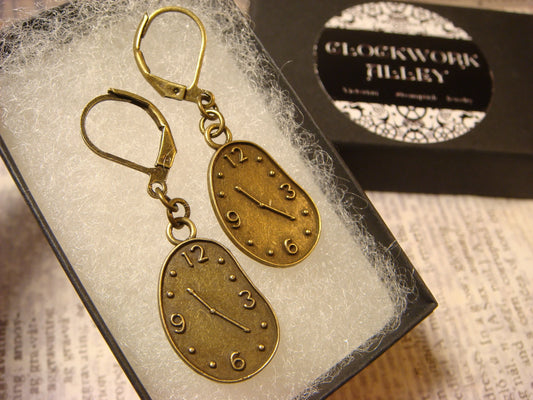 Melting Clock Dangle Earrings in Antique Bronze