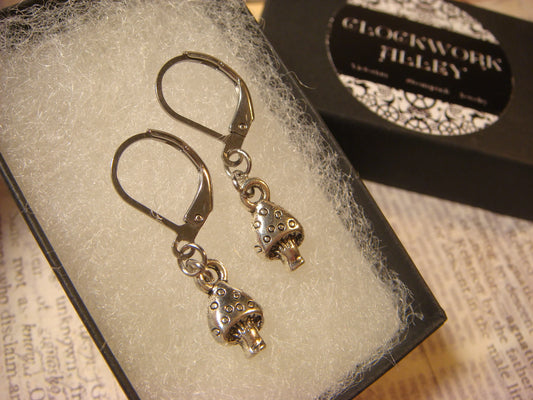 Tiny Mushroom Dangle Earrings in Antique Silver