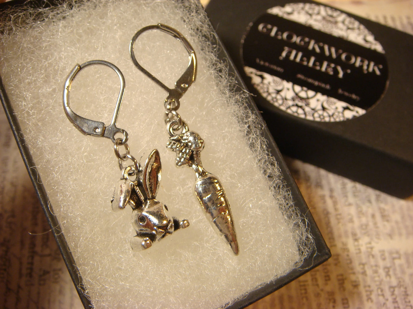 Bunny Rabbit and Carrot Dangle Earrings in Antique Silver