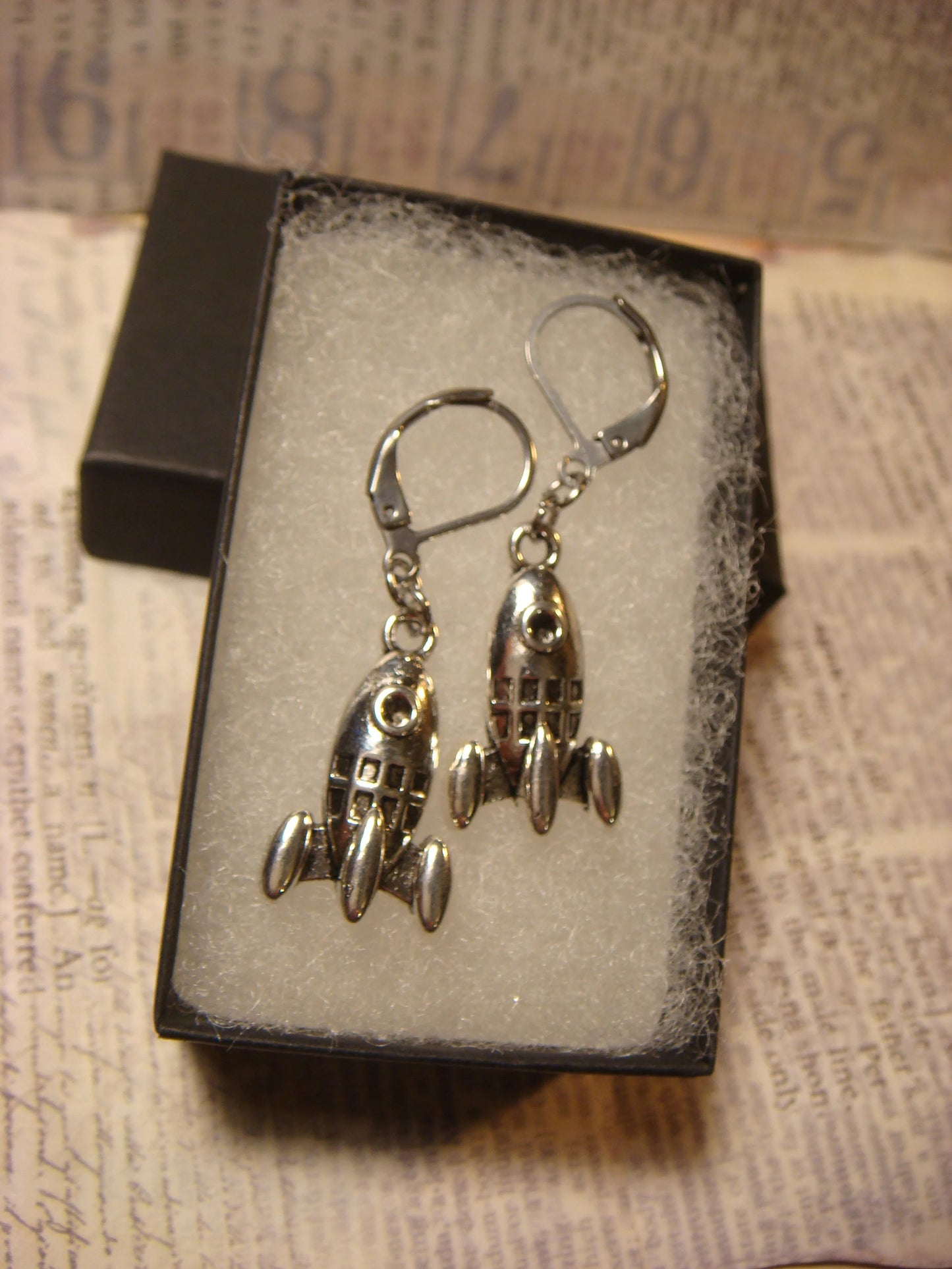 Rocket Ship Dangle Earrings in Antique Silver