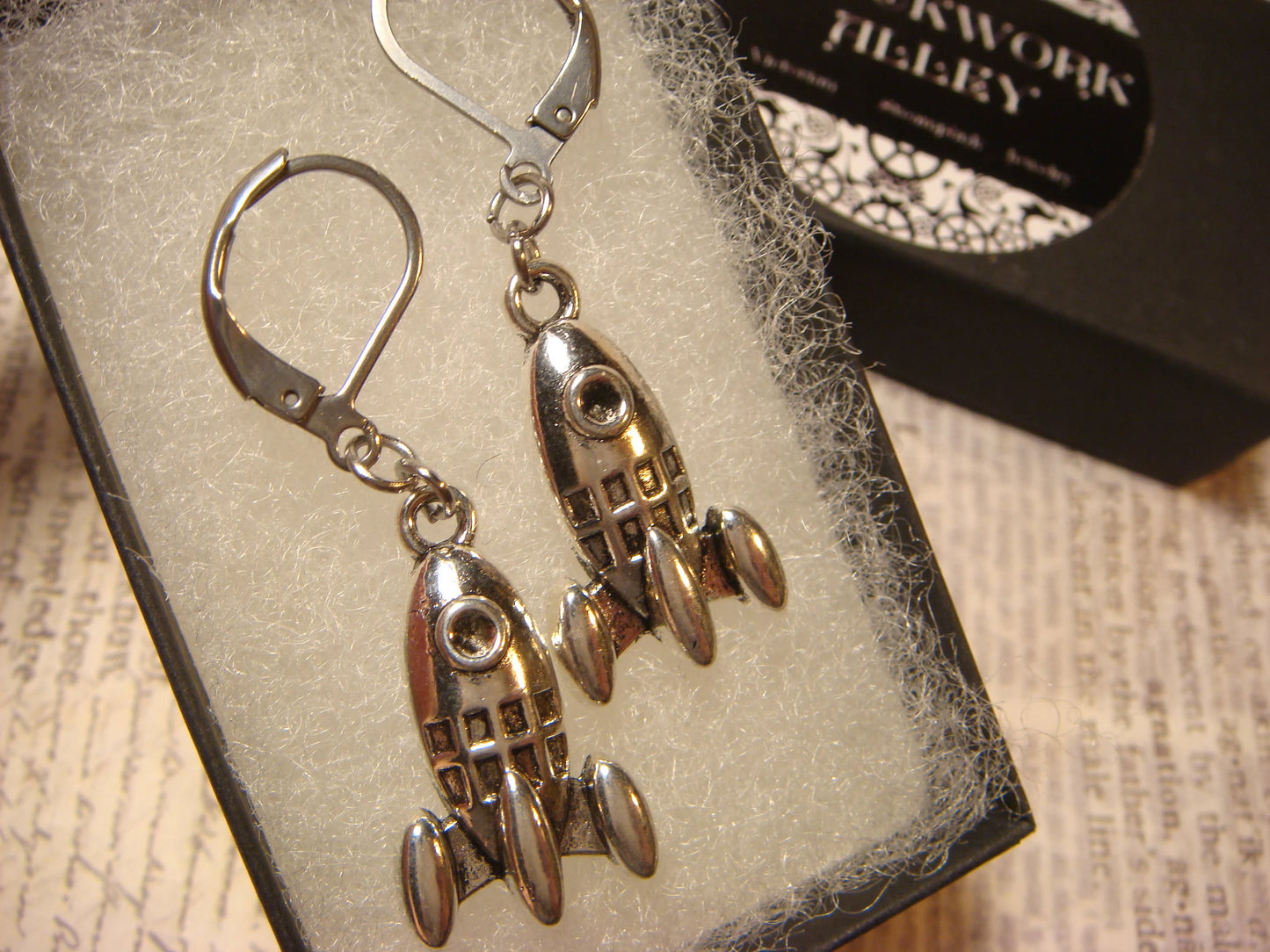 Rocket Ship Dangle Earrings in Antique Silver