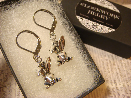 Bunny Rabbit Dangle Earrings in Antique Silver