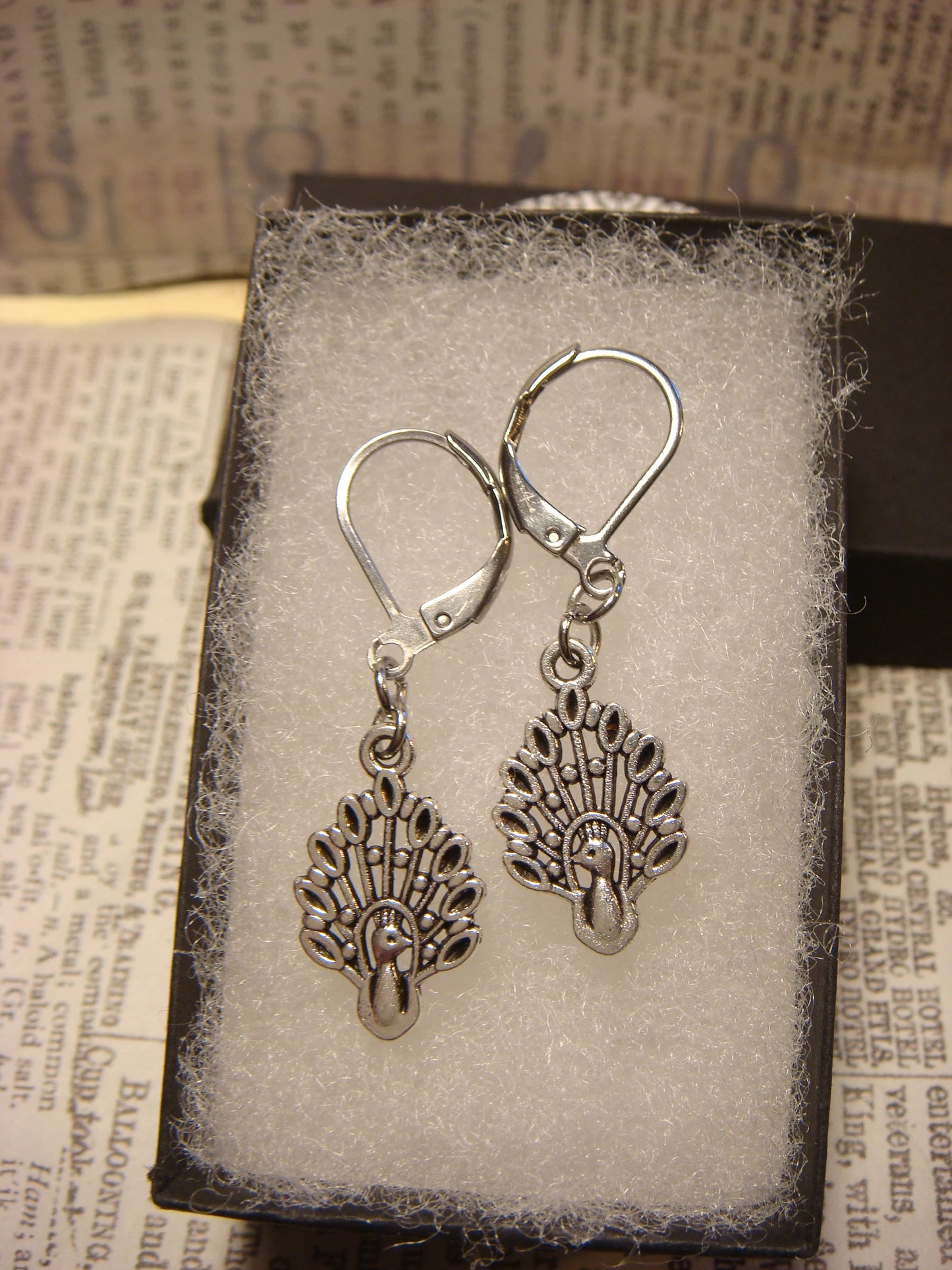 Peacock Dangle Earrings in Antique Silver