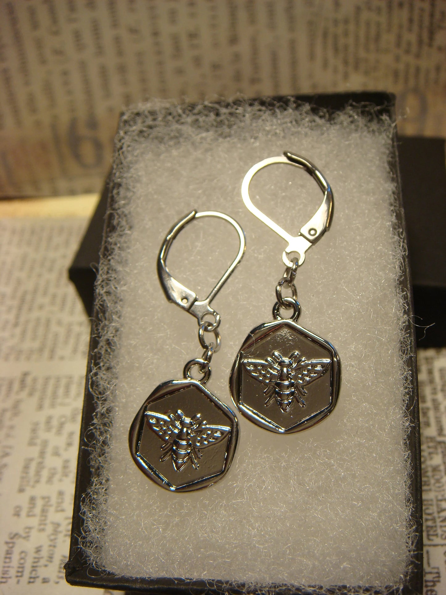 Bee Dangle Earrings in Antique Silver